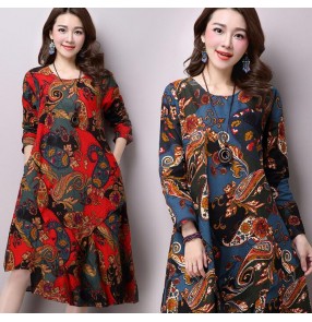 Dark blue navy red floral printed pattern cotton linen material long length fashion loose style women's ladies female  dresses vestidos